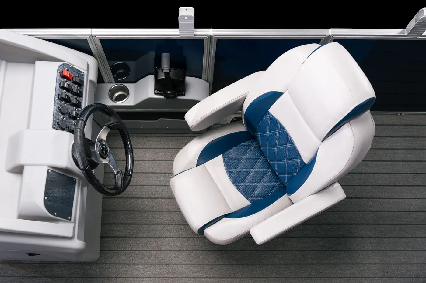 Repaired white and blue marine boat seating