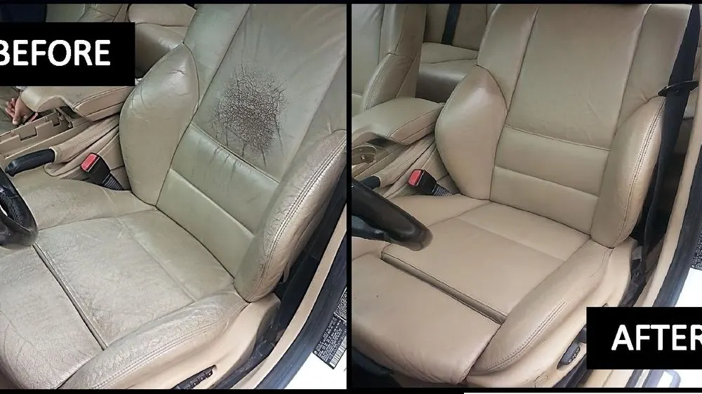 Car seat shown before and after leather repair and refinishing