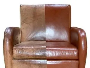 Leather couch shown half faded and half restored after on-site repair